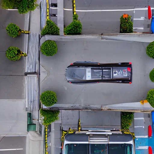 Prompt: A overhead shot taken from the second floor of a brown man parallel parking a white work van, in Vancouver, BC