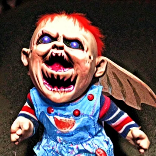 Image similar to screaming chucky doll with hummingbird wings