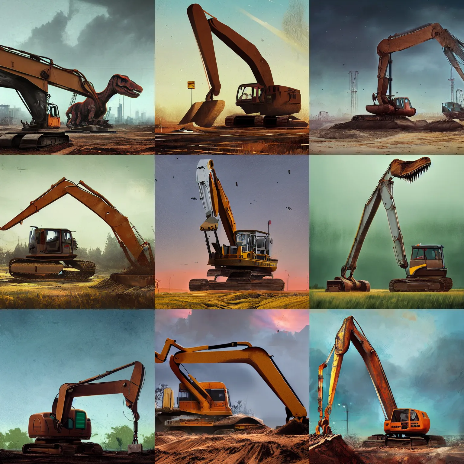 Prompt: artistic photograph of an excavator construction machine that looks like a t-rex, paleoart by simon stålenhag