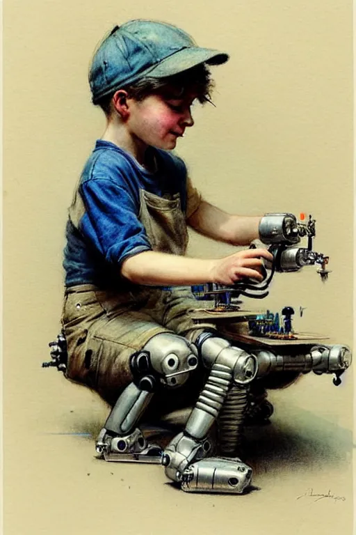 Image similar to (((((1950s a boy working on his robot . muted colors.))))) by Jean-Baptiste Monge !!!!!!!!!!!!!!!!!!!!!!!!!!!