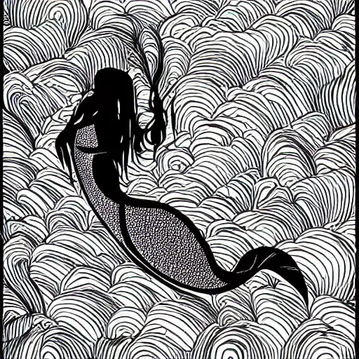 Image similar to black and white illustration, creative design, smooth lines, mermaid