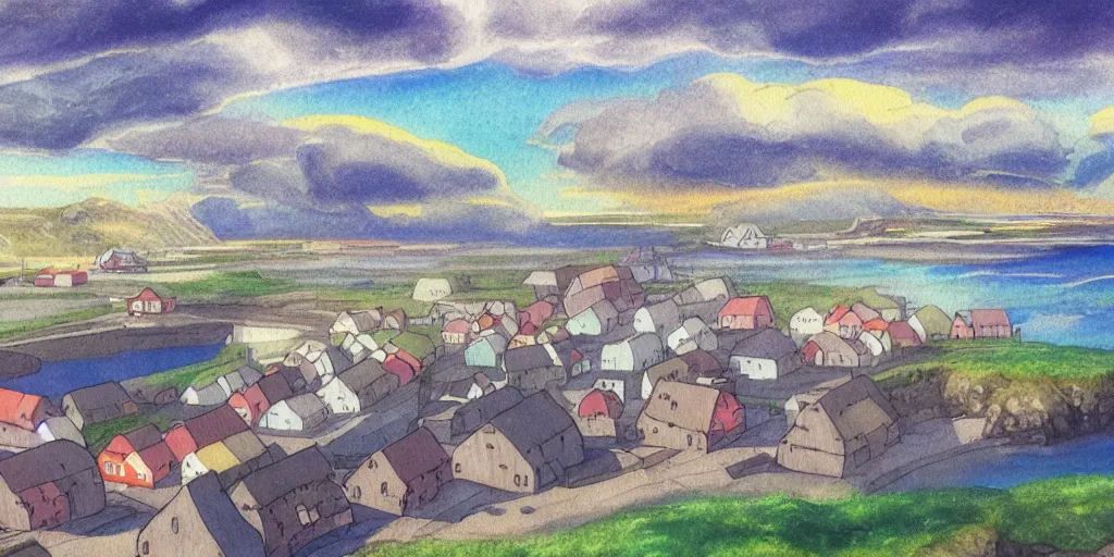 Prompt: a beautiful painting of a icelandic fishing village, storm clouds gathering over the town, by studio ghibli 8 k pastel colours, isometric drone shot smeared watercolours, golden light film grain