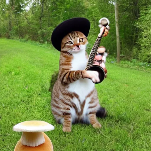 Prompt: cat cheerfully playing a banjo, sitting on a mushroom