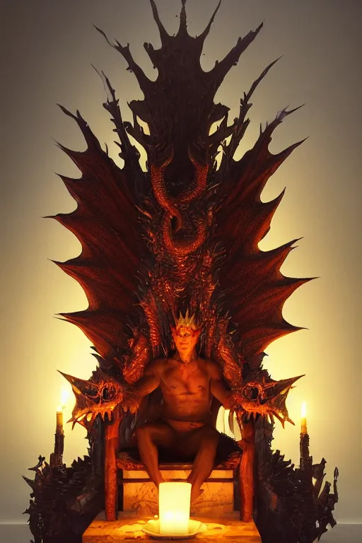 Prompt: a humanoid dragon king sits on a throne by greg rutkowski, magic realism, hyper realistic, 2 0 0 mm lens, candlelight