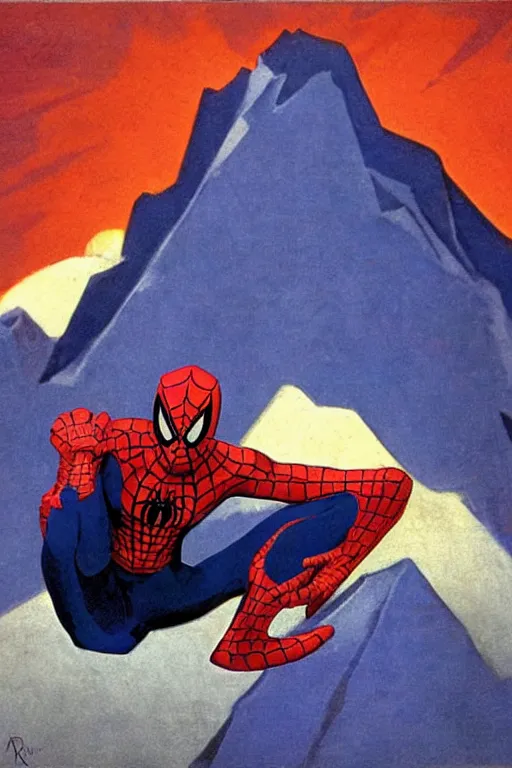 Image similar to spiderman stay on mountain, marvel, artwork by nicholas roerich,