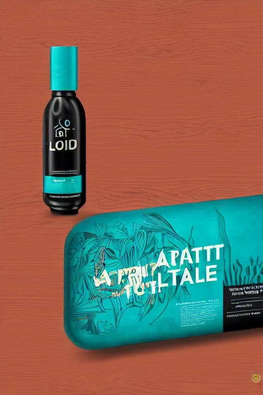 Prompt: art concept of a modern liquid dietary supplement in a black bottle designed like a racing tyre mixed with a an exotic woodboard, teal tones, style by aenaluck