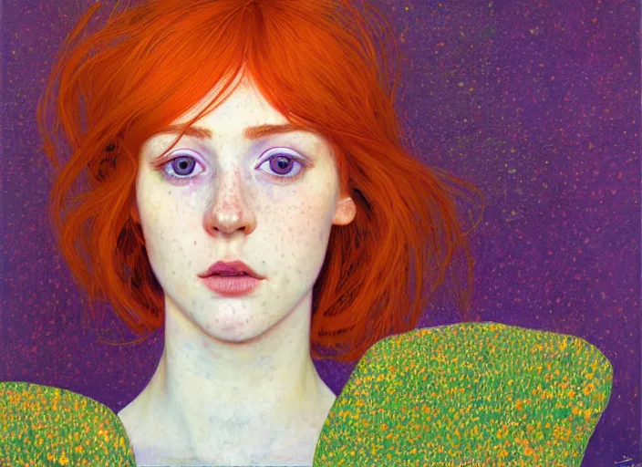 Prompt: portrait Girl with orange hair and freckles, green eyes, fine face pretty face, purple background, fine details, by Ilya Kuvshinov and Gustav Klimt