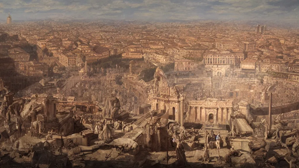 Prompt: Trending on artstation, Rome during emperor Nero\'s prime, detailed matte painting, oil on canvas