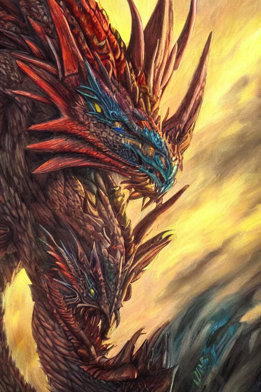 Prompt: oil portrait of rainbowtail the dragon, epic, cinematic, highly detailed