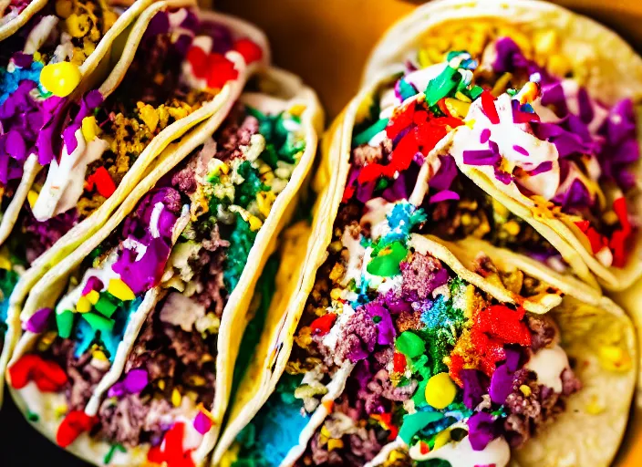 Prompt: dslr food photograph of a tacos topped with rainbow sprinkles, 8 5 mm f 1. 8