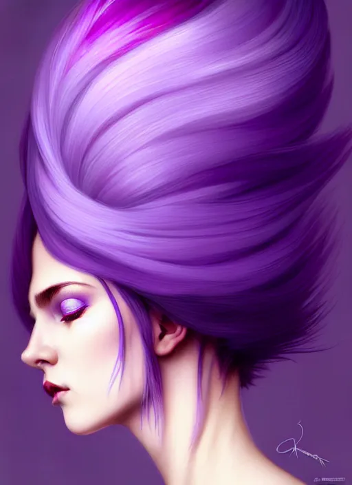 Image similar to Purple hair relistic Portrait of woman with bright colored hair, all shades of purple. Beauty face, Hair coloring, fantasy, intricate, elegant, highly detailed, digital painting, artstation, concept art, smooth, sharp focus, illustration, art by artgerm and greg rutkowski and alphonse mucha