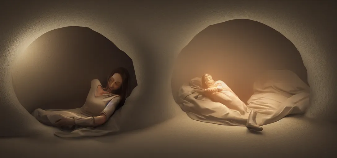 Prompt: a woman sleepinginside a hibernation pod, side view, in the style of blade runner, high tech, photoreal, dramatic lighting, unreal engine 5, octane rendering, ray tracing