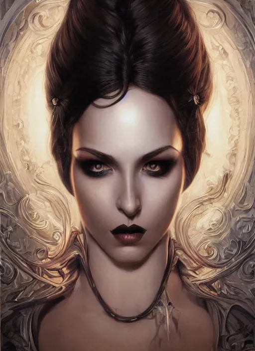 Image similar to a highly detailed symmetrical painting of a female fantasy seductive sensual dark mistress with piercing beautiful eyes, trending on artstation, deviantart, art by artgerm and karol bak and mark brooks