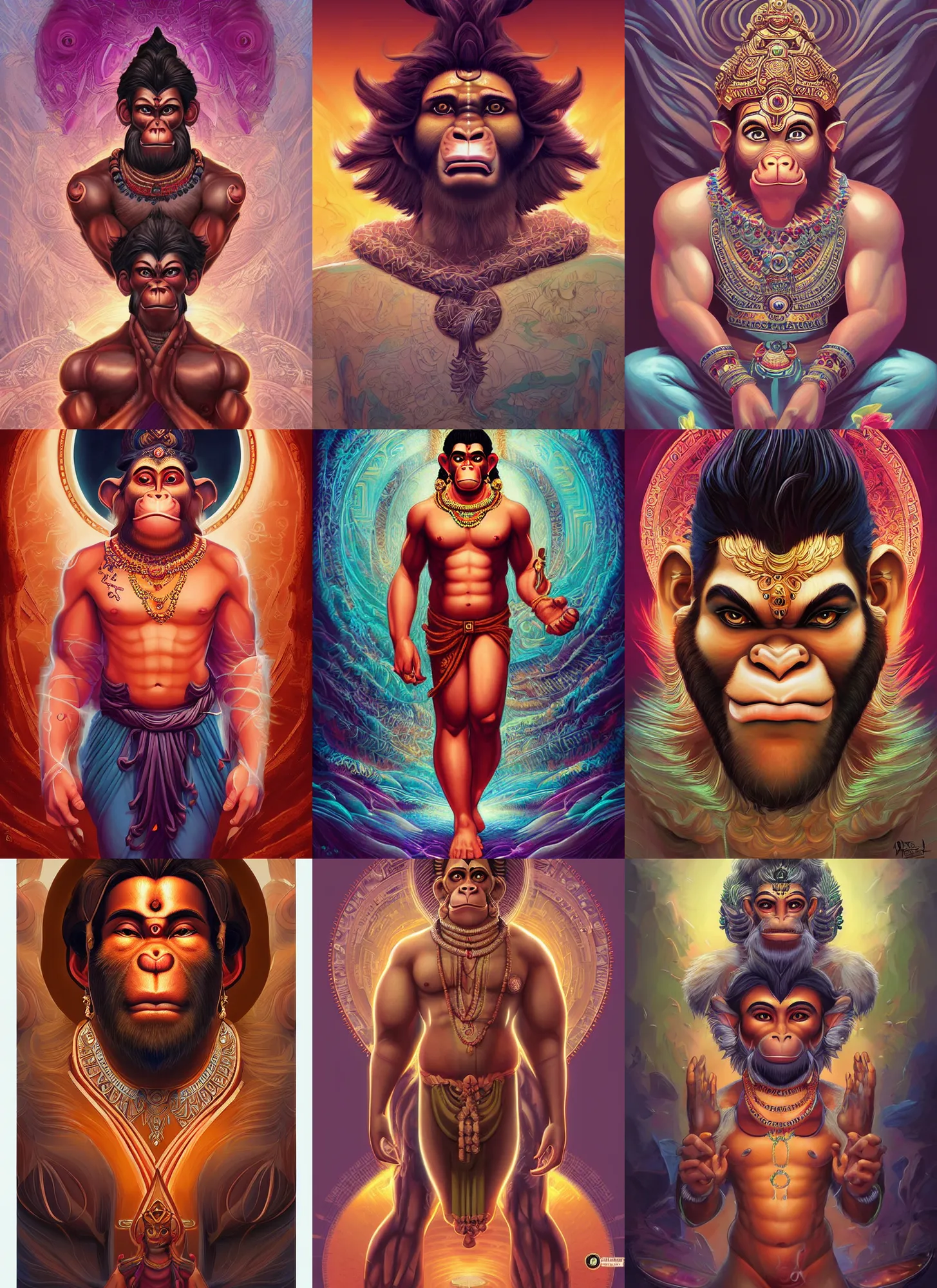 Prompt: a beautiful full body portrait of hanuman god with flowing short hair, digital art by ross tran and dan mumford, symmetrical face, symmetrical body, artgerm, portrait, muted color scheme, highly detailed, outrun art style