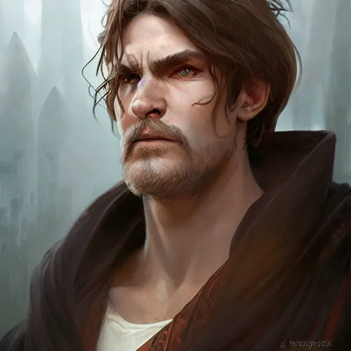 Prompt: rugged robed white male sorcerer, fantasy, D&D, portrait, piercing stare, highly detailed, digital painting, artstation, concept art, matte, sharp focus, illustration, art by artgerm and greg rutkowski and alphonse mucha