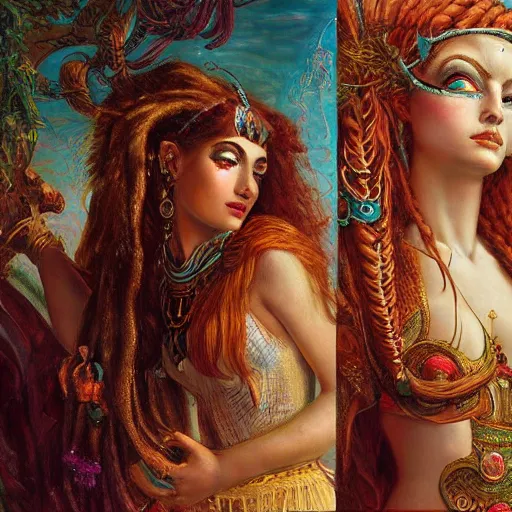 Image similar to artstation, intricate details, hyper details, by gaston bussiere and sandro botticelli, tan skin sumerian goddess inanna, lady of elche, egyptian sumerian features, techno mystic dominatrix goddess intergalactica, inanna with aqua neon rapunzel dreadlocks,