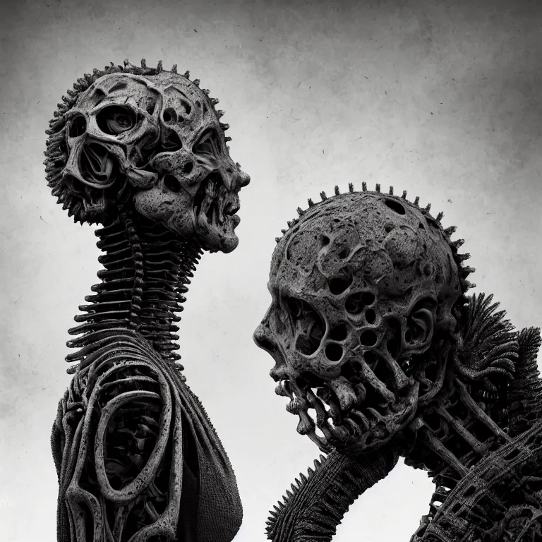 Prompt: ribbed spinal robot face portrait, baroque painting, standing in a desolate empty wasteland, creepy, nightmare, dream-like heavy atmosphere, surreal abandoned buildings, beautiful detailed intricate insanely detailed octane render trending on Artstation, 8K artistic photography, photorealistic, chiaroscuro, Raphael, Caravaggio, Beksinski, Giger