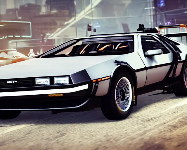 Image similar to photo of a vehicle concept design delorean racing on a science fiction race track, rocket league tank mad max global illumination ray tracing hdr, gta 5 comics, makoto shinkai, borderlands, fast and furious, octane