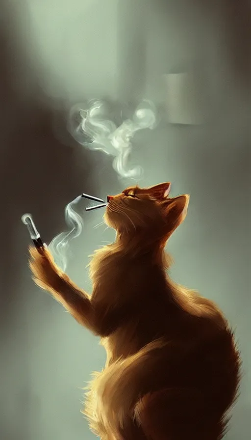 Image similar to cat smoking a cigarette, by artstation