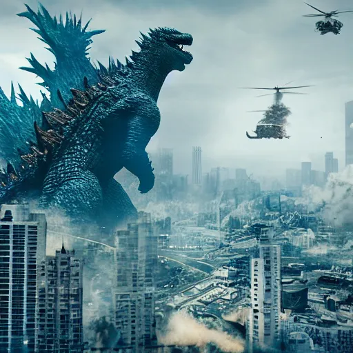 Prompt: godzilla destroying skyscrapers in a large city with helicopters and tanks, smoke and destruction, conecpt art, cinematic, highly detailed, ornate, intricate detail, 4K, realistic, octane render, unreal engine
