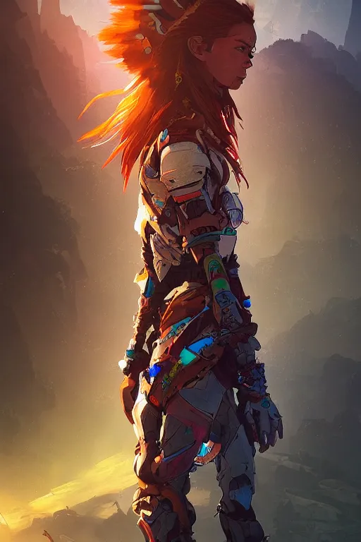 Image similar to combination suit armor aloy horizon forbidden west horizon zero dawn radiating a glowing aura global illumination ray tracing hdr fanart arstation by ian pesty and alena aenami artworks in 4 k tribal robot ninja mask helmet backpack