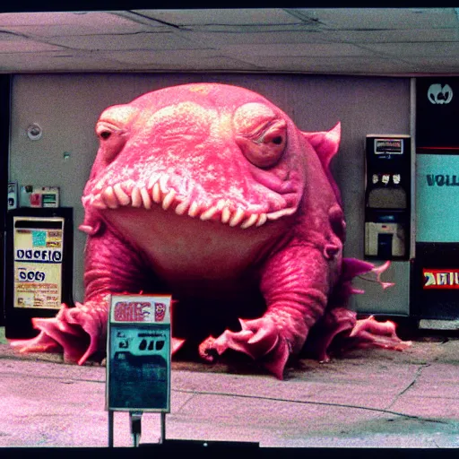 Image similar to a blobfish kaiju trashing a petrol station, cinematic, 35mm VHS copy film grain directed by David Lynch