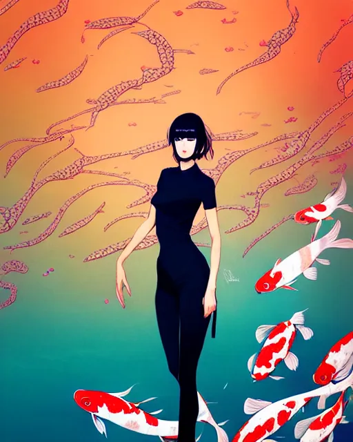 Image similar to a ultradetailed beautiful panting of a stylish woman surrounded by floating koi fish, by conrad roset, greg rutkowski and makoto shinkai, trending on artstation