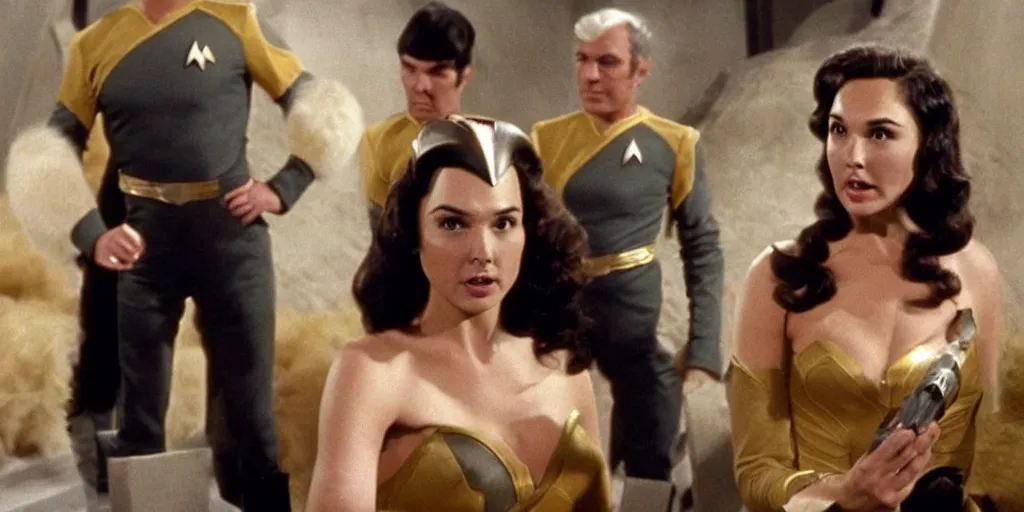 Image similar to a scene from Trouble with Tribbles, an episode of the original Star Trek series, with Gal Gadot, in Starfleet uniform, in the role of Captain Kirk