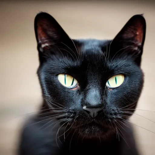 Image similar to close up photograph of a black cat staring towards the camera, wide angle