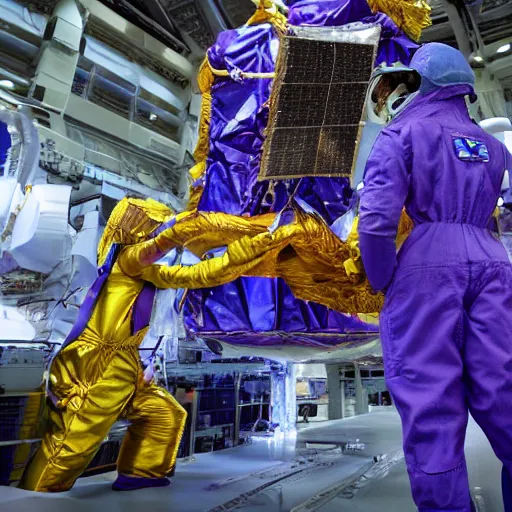 Image similar to at the webb space telescope in space adorable high energy beanie baby maine coon kittens wear spacesuits and helmets, 4k uhd, movie still, blockbuster, low energy bokeh, ultrarealistic.
