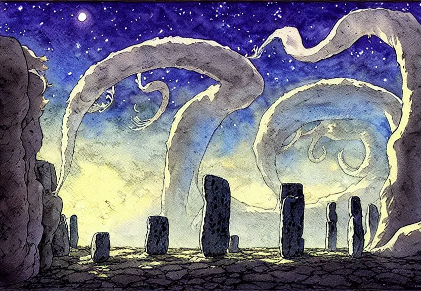 Prompt: a simple watercolor studio ghibli movie still fantasy concept art of stonehenge. a giant squid from princess mononoke ( 1 9 9 7 ) holding large stones. it is a misty starry night. by rebecca guay, michael kaluta, charles vess