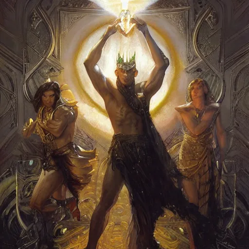 Image similar to attractive male deity casts light spell, summons attractive male lucifer morningstar. highly detailed painting by gaston bussiere, craig mullins, j. c. leyendecker 8 k