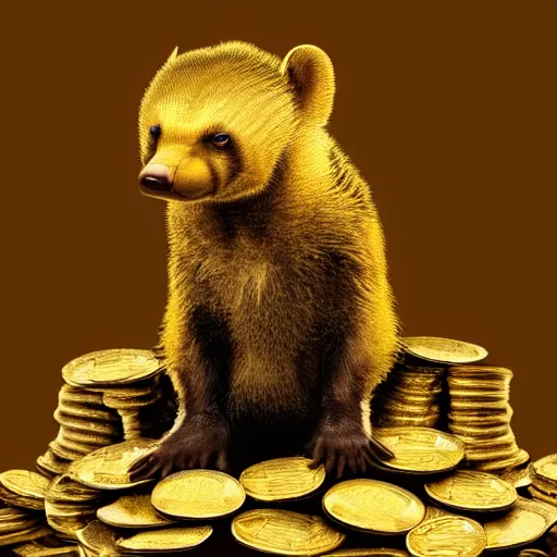 Image similar to a honey badger sitting on a large pile of gold coins, animated, digital art, trending on artstation, 4 k