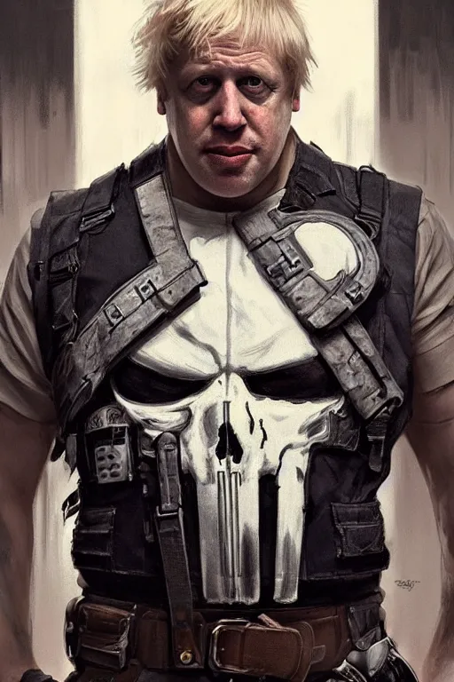 Image similar to Boris Johnson as Punisher, portrait, skull image on the vest, highly detailed, digital painting, artstation, concept art, smooth, sharp focus, illustration, cinematic lighting, art by artgerm and greg rutkowski and alphonse mucha