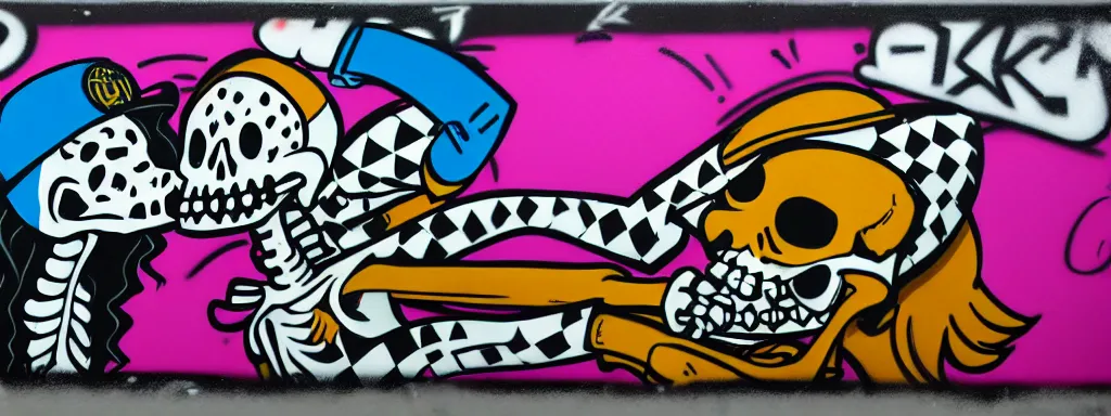 Image similar to ska skeleton and girlfriend, graffiti art, 8 0 s checkerboard 6 6 6, digital art, chalk, ultra detailed by tara mcpherson and gary houston, 3 5 mm