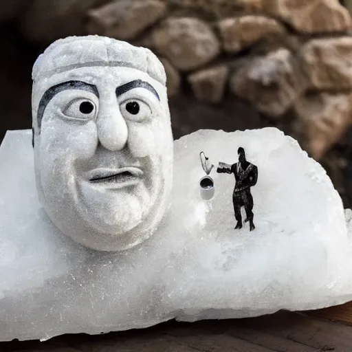 Prompt: ice carving of fred flintstone talking to a hamster, drone, in the style of ancient egyptian art, epic, natural