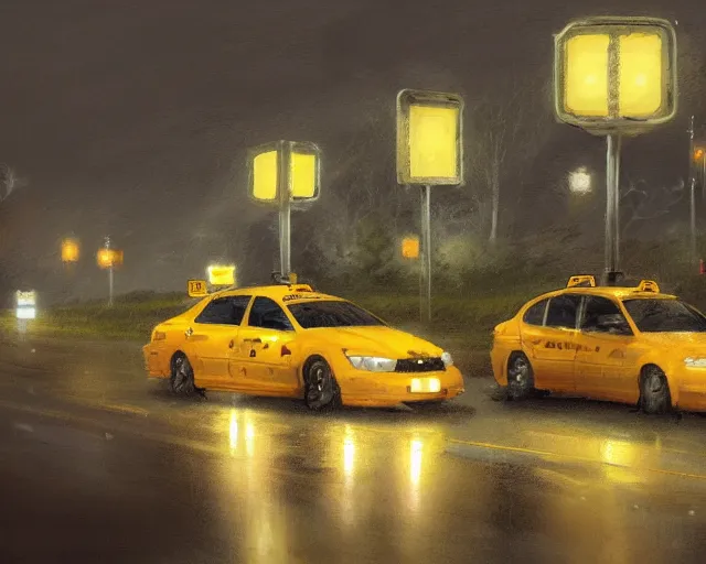 Prompt: one single taxi cab driving down a rainy country road through a field, gaslight, street lamps. Side view, full shot. Anime, By Makoto Shinkai, Stanley Artgerm Lau, WLOP, Rossdraws, James Jean, Andrei Riabovitchev, Marc Simonetti, krenz cushart, Sakimichan, trending on ArtStation, digital art.