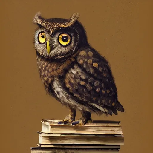 Image similar to long shot of a very cute young owl sitting on a pile of antique books, by esao andrews, by james jean, marc simonetti, humorous illustration, hyperrealistic, big depth of field, fresh colors, dim light, 3 d octane render conceptart, 4 k, hyperdetailed, trending on artstation