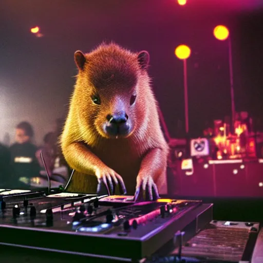 Prompt: Capybara DJing at a nightclub, HD photograph, by Michael Mann