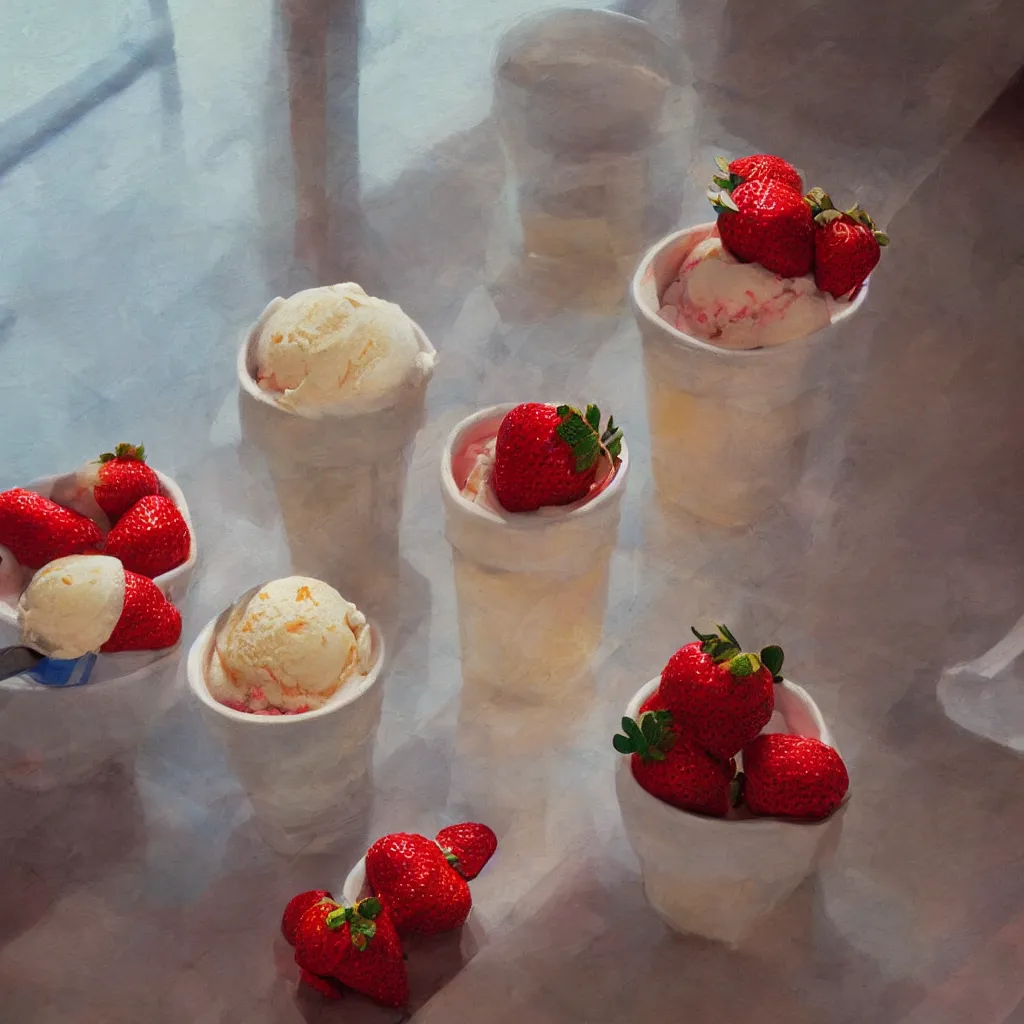 Image similar to a still life painting of cold drinks, ice cream, strawberry embellishment, in the style of makoto shinkai, dreamy, soft, global illumination, radiant light, intricate environment, luminescence, highly detailed, 8 k