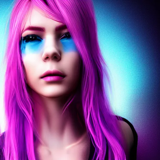 Prompt: a portrait of a pretty cyberpunk girl with pink, purple, blue hair. realistic, 4 k