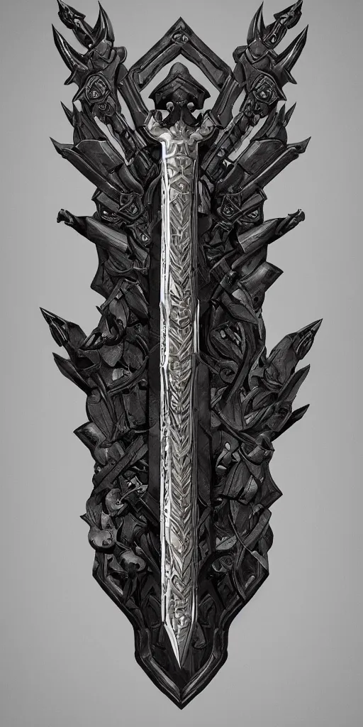 Image similar to a black and silver sword skull crest, orthographic, ornament, weapon, a 2 d render by dom qwek, front side, concept art, trending on polycount, artstation, hard surface modeling, rendered in maya, zbrush, hd, vray, blizzard, symmetry