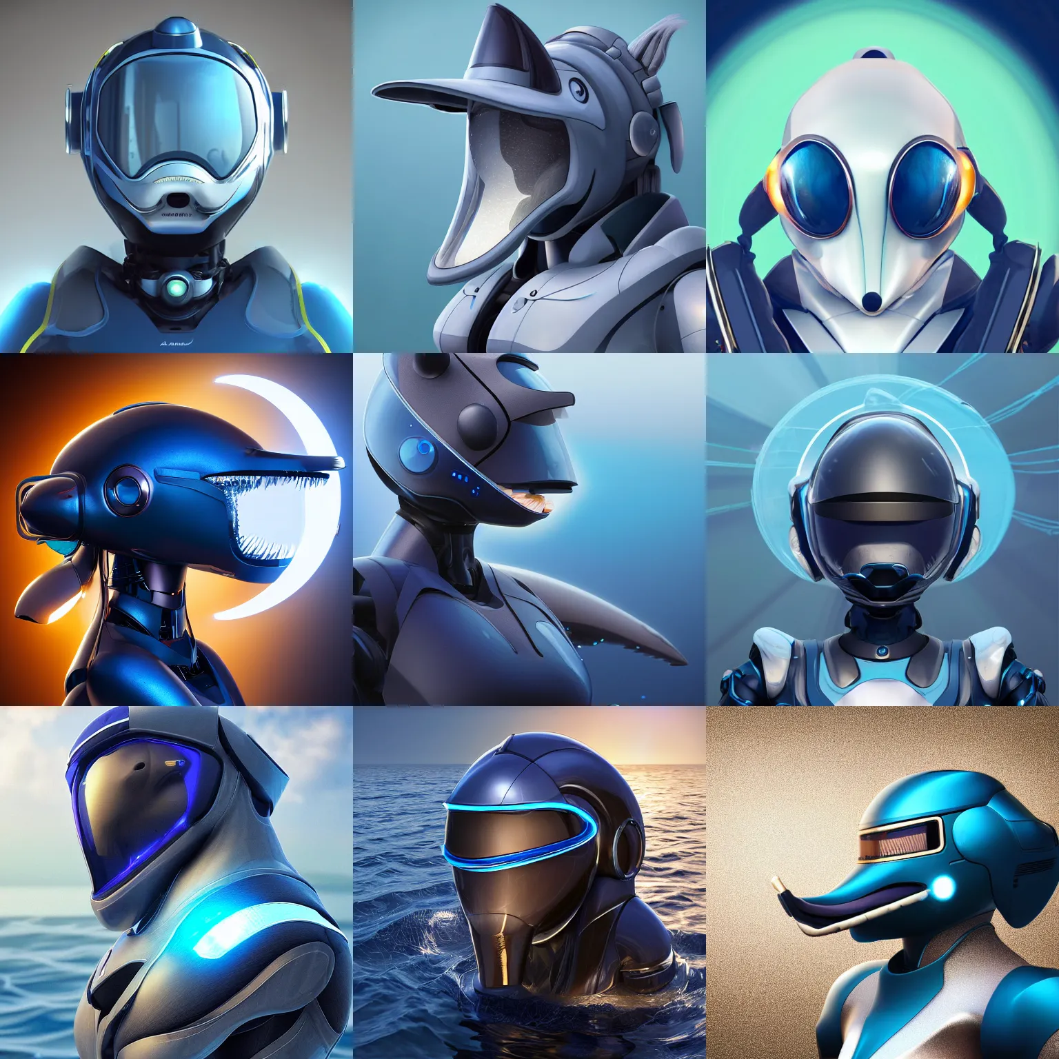 Prompt: very very beautiful furry art, bust profile picture of a robotic anthro bottlenose dolphin, synthetic cetacean hybrid android, face covered by opaque visor, truncated snout under visor, round shapes, all dark blue metal, commission on furaffinity, cgsociety, octane render, sea in background