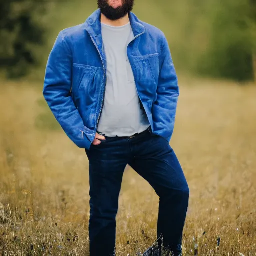 Image similar to steven bonnell ii in a blue jacket walking in a field, 5 0 mm sigma lens, sony a 7 siii