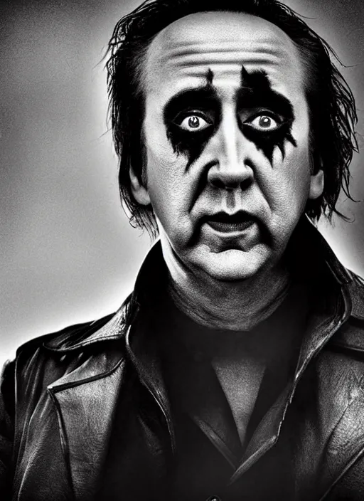 Prompt: photo of a 40-year-old Nicolas Cage (2021) as the Joker by Lee Jeffries, smiling, detailed, award winning, Sony a7R