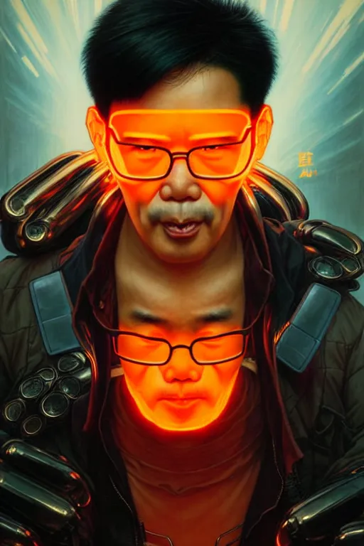 Prompt: a middle aged asian man with short black hair, broad shoulders, thick round spectacles, wearing a bright orange bomber jacket, seductive cyberpunk dark fantasy, art by artgerm and karol bak and moebius and alphonse mucha and greg rutkowski, hyperdetailed, ultrarealistic, octane render