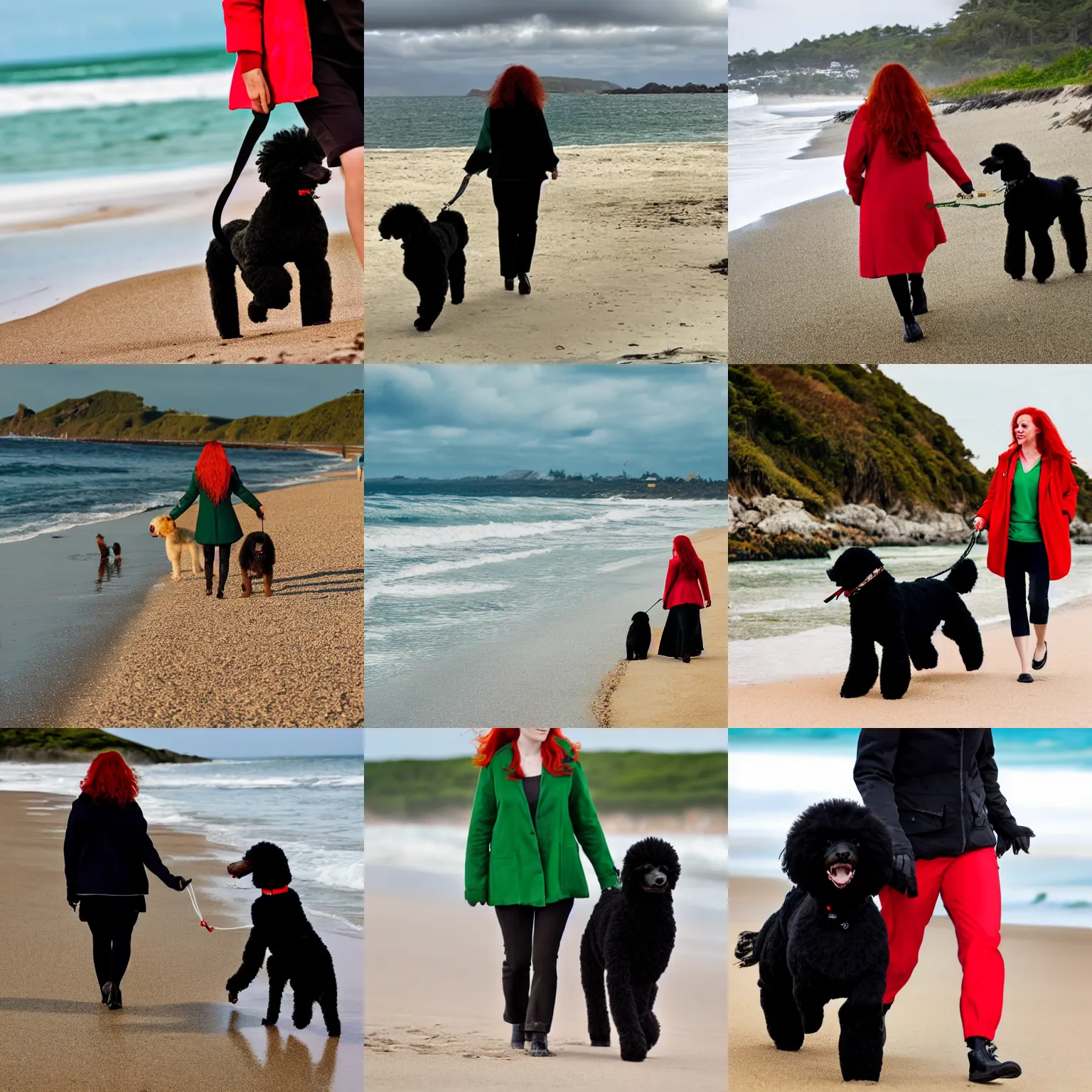 Prompt: red - haired woman in green coat walking her black poodle on the beach