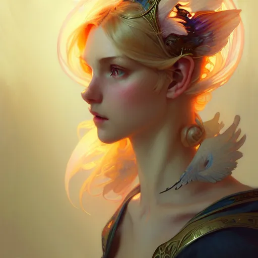 Image similar to A girl with blonde hair, fox ears, glowing halo, wings, fantasy, intricate, elegant, highly detailed, digital painting, artstation, concept art, smooth, sharp focus, illustration, art by Krenz Cushart and Artem Demura and alphonse mucha