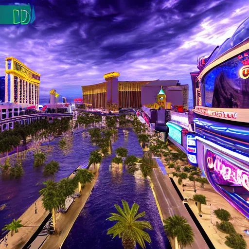 Image similar to las vegas strip being flooded end of the world 3 d studiomax, maya 3 d, unrealengine, 4 k, 8 k, hdr, extreme render, mind - bending reality, hyper detailed, wide angle ultra - vivid, photo - realistic nikon 3 5 mm, photograph