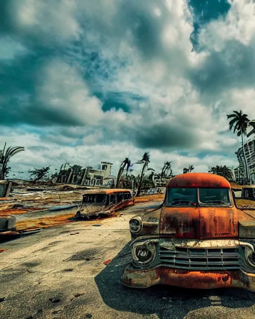 Image similar to wide angle shot of dilapidated fallout 5 miami, tropical coastal city, desolate, dilapidated, some rusted retro futuristic vintage parked vehicles like cars, buses, trucks, trams, slight overcast weather, fog, volumetric lighting, photorealistic, daytime, autumn, sharp focus, ultra detailed,